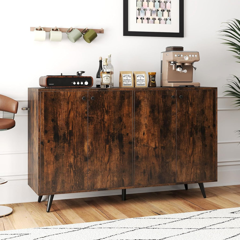 Giantex Sideboard Buffet Cabinet, 50’’ Accent Kitchen Storage Cabinet with 4-Door & 5-Position Adjustable Shelves, Modern Sideboard with 5 Legs, Buffet Table for Coffee Bar, Living Room, Rustic Brown