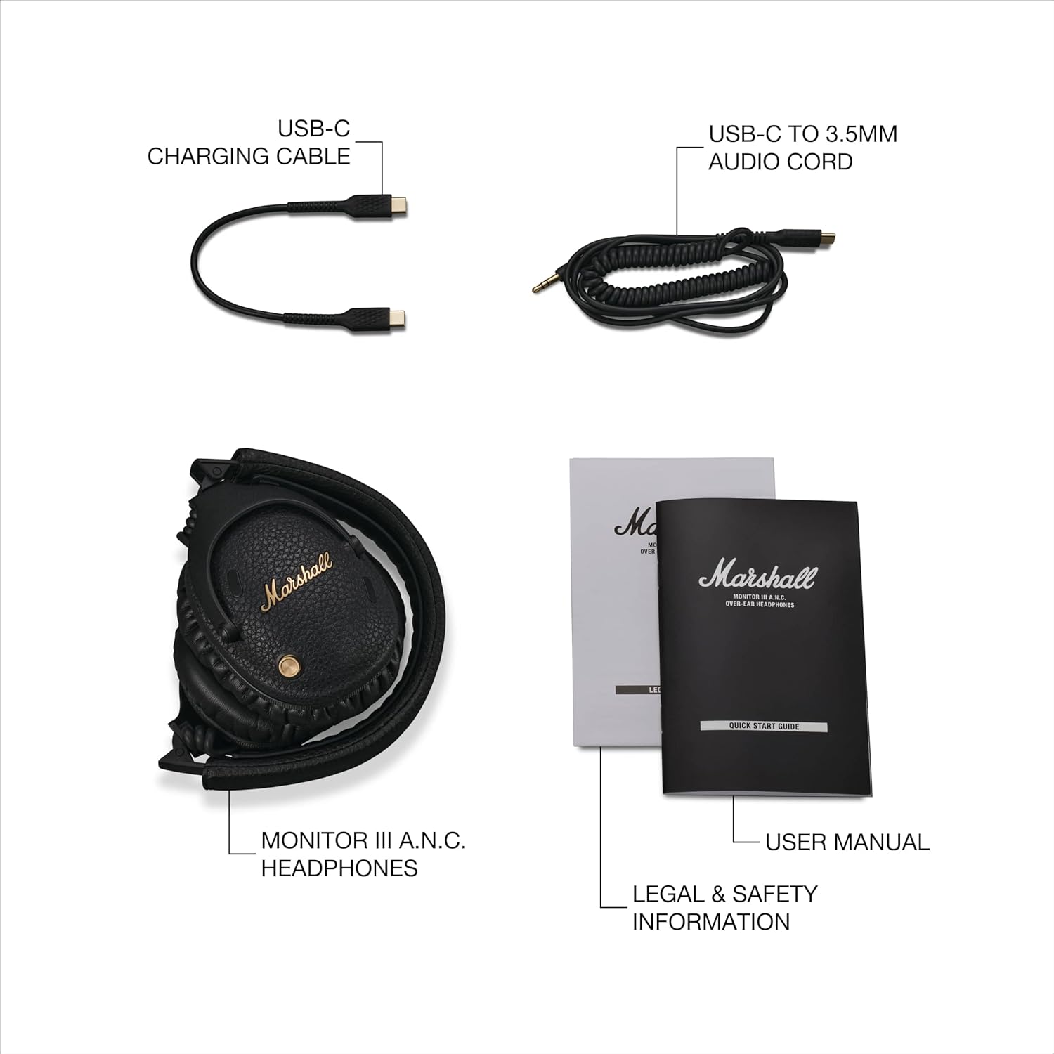Marshall Monitor III A.N.C. Over-Ear Bluetooth Headphones - Active Noise Cancelling with Microphone | 100+ Hrs Wireless Playtime | Lightweight  Foldable Design for Travel - Black
