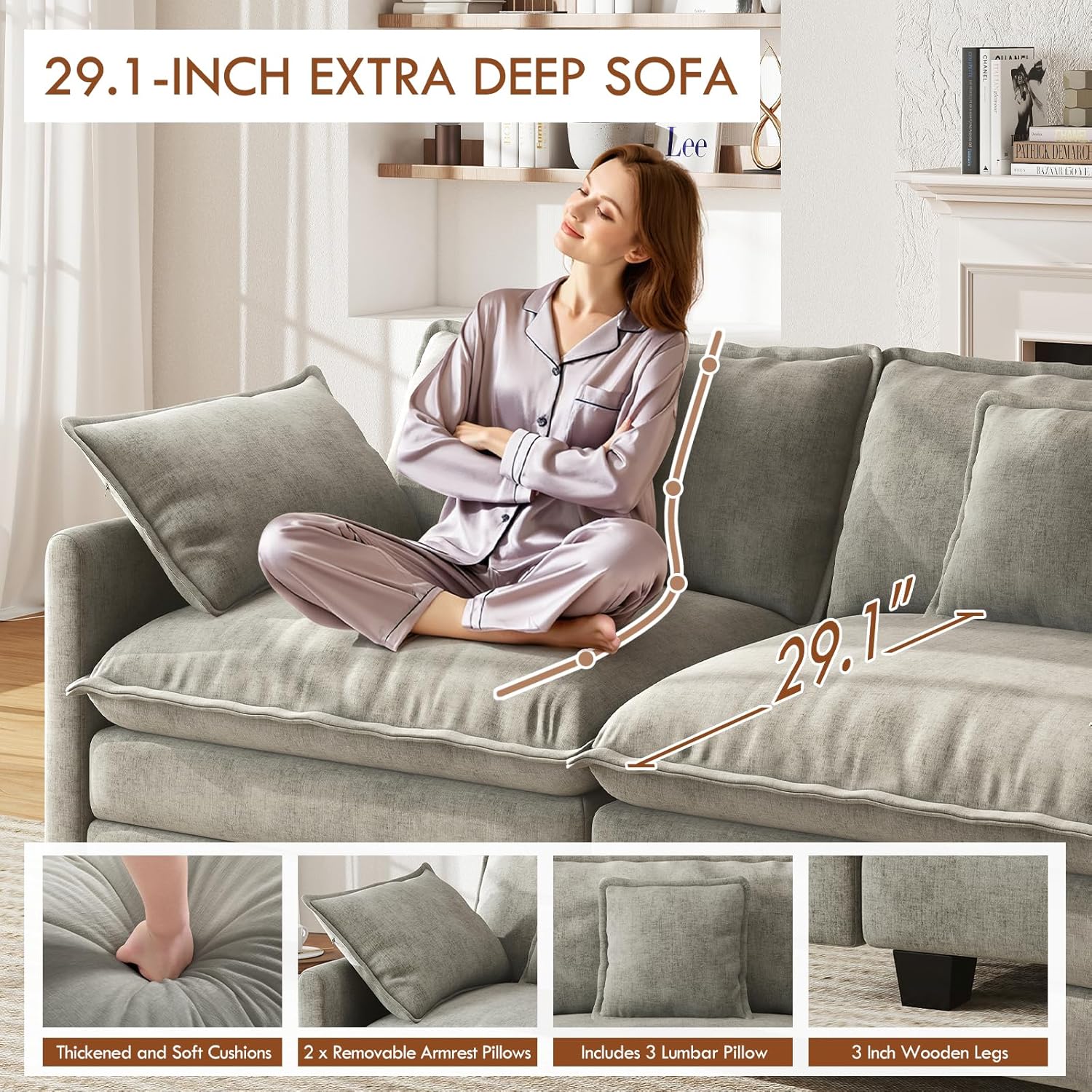 WorthFurni 111.4” Modular Sectional Sofa, U Shape Cloud Couch with 2 Movable Ottoman, Comfy Chenille Deep Seat Sofa with Soft Pillows for Apartment Living Room Bedroom（Grey）