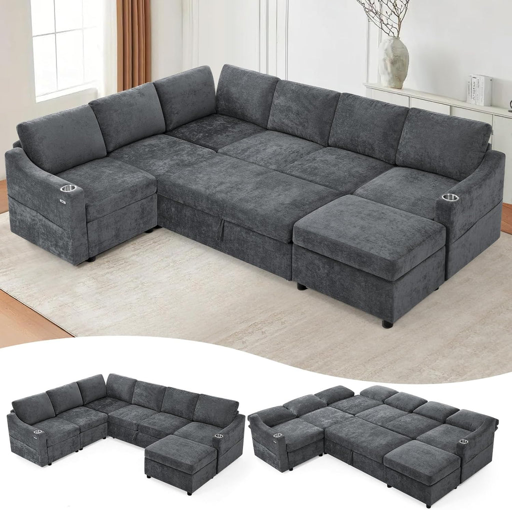 116" Chenille Modular Sofa Bed w/Adjustable Backrests, U-Shape Sleeper Sofa w/USB Ports & Storage Space, Convertible Corner Sectional Couch w/Pull Out Bed for House, Living Room, Grey