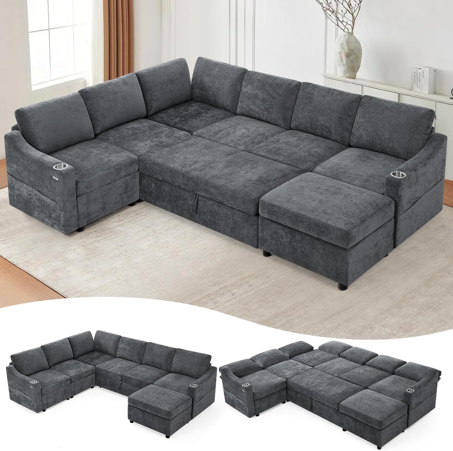 116" Chenille Modular Sofa Bed w/Adjustable Backrests, U-Shape Sleeper Sofa w/USB Ports & Storage Space, Convertible Corner Sectional Couch w/Pull Out Bed for House, Living Room, Grey
