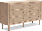 Signature Design by Ashley Cielden Coastal 6-Drawer Dresser, Bronze-Tone Knobs, Safety Stop, Textured Cane Details, 62.01" W x 19.65" D x 35.67" H, Light Brown