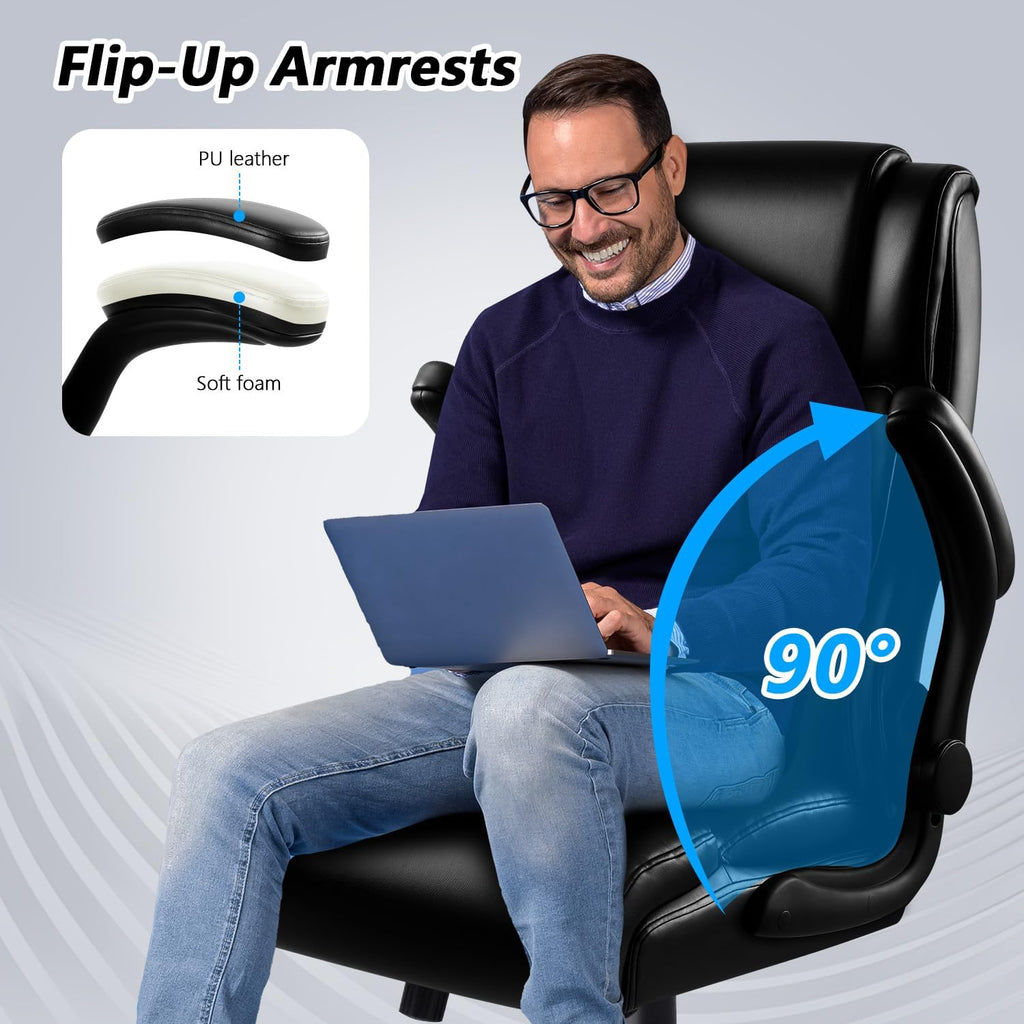 Big and Tall Office Chair 400LBS, Heavy Duty Executive Office Desk Chair with Flip-up Armrest, Ergonomic Swivel High Back Office Chairs with Lumbar Support, PU Leather, Black