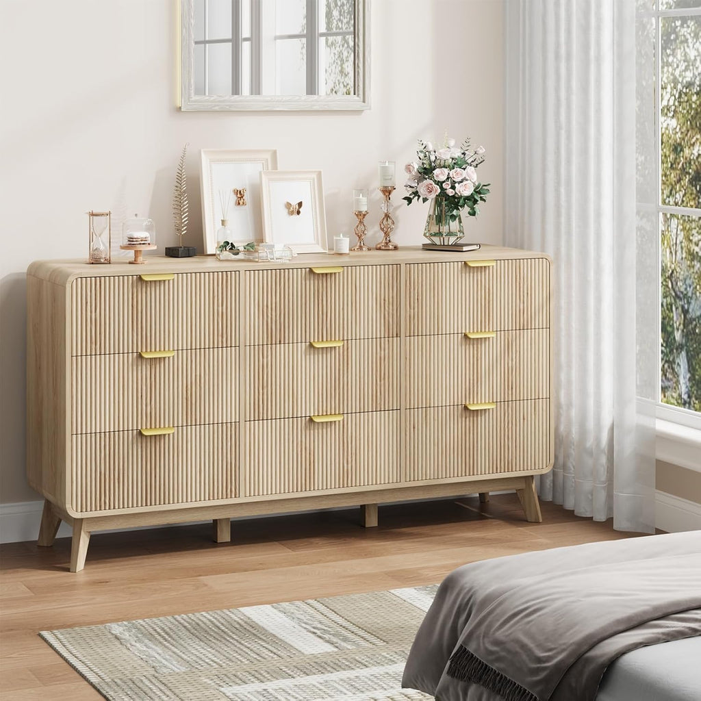 QUW Fluted 59.1" Wide Modern Dresser for Bedroom with 9 Drawers, Tall Chest of Drawers with Metal Handle, Wooden Dresser TV Stand, Hallway, Living Room, Natural Oak