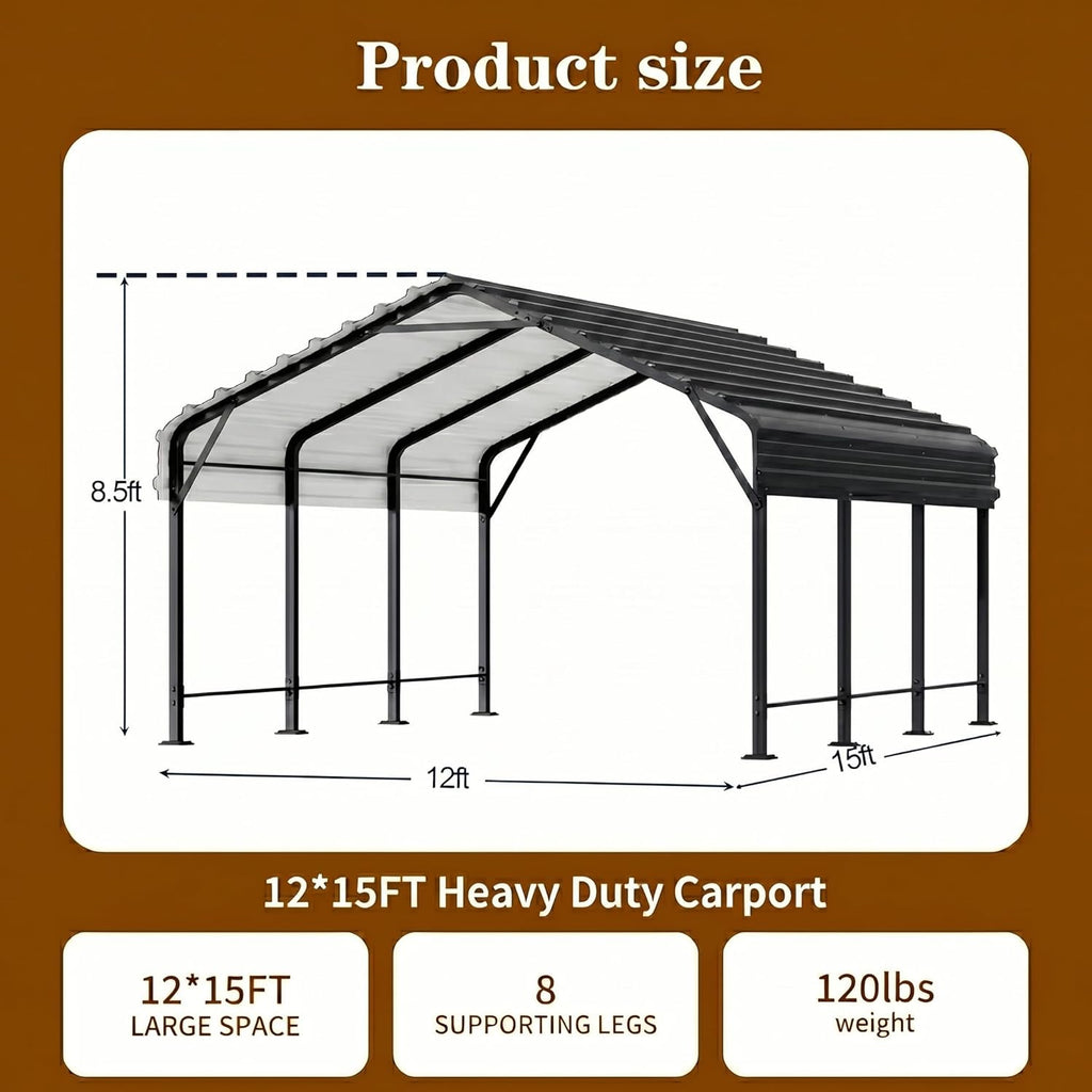 12x15 FT Heavy Duty Metal Carport, All-Weather Outdoor Vehicle Shelter with Steel Roof & Reinforced Frame, Permanent Car Canopy for Trucks, SUVs, Boats & Garden Storage(Gray)
