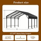 12x15 FT Heavy Duty Metal Carport, All-Weather Outdoor Vehicle Shelter with Steel Roof & Reinforced Frame, Permanent Car Canopy for Trucks, SUVs, Boats & Garden Storage(Gray)