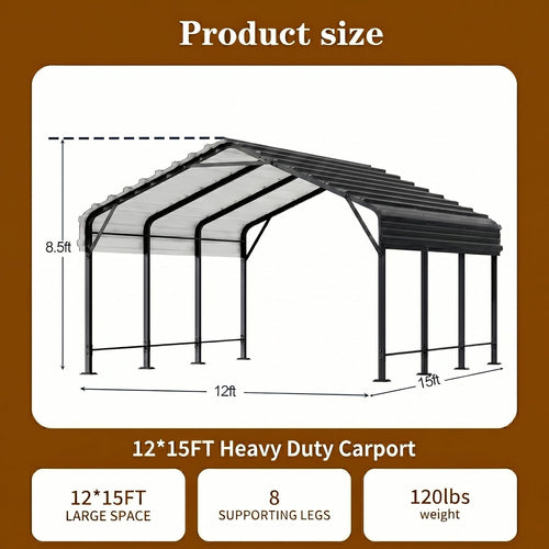 12x15 FT Heavy Duty Metal Carport, All-Weather Outdoor Vehicle Shelter with Steel Roof & Reinforced Frame, Permanent Car Canopy for Trucks, SUVs, Boats & Garden Storage(Gray)