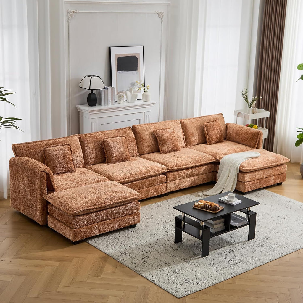 147.8" U Shaped Modular Sectional Sofa, Comfy Cloud Couch with Movable Ottoman, Deep Seat Modular Sofa, Sectional Couches for Living Room, Bedroom, Apartment (Orange)