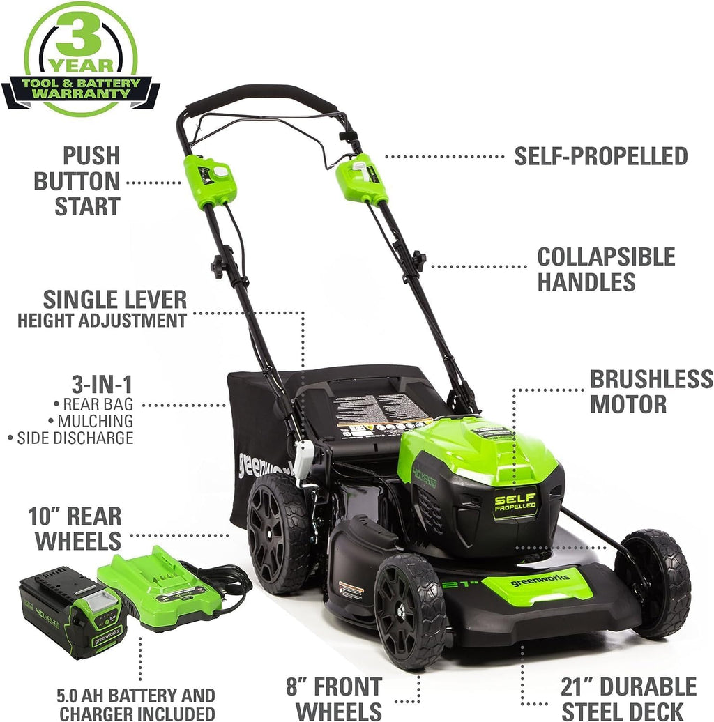 Greenworks 40V 21" Self-Propelled Lawn Mower Axial Leaf Blower(500 CFM / 120 MPH) 13" String Trimmer with 2 Batteries(5Ah+2Ah) & Chargers