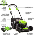 Greenworks 40V 21" Self-Propelled Lawn Mower Axial Leaf Blower(500 CFM / 120 MPH) 13" String Trimmer with 2 Batteries(5Ah+2Ah) & Chargers