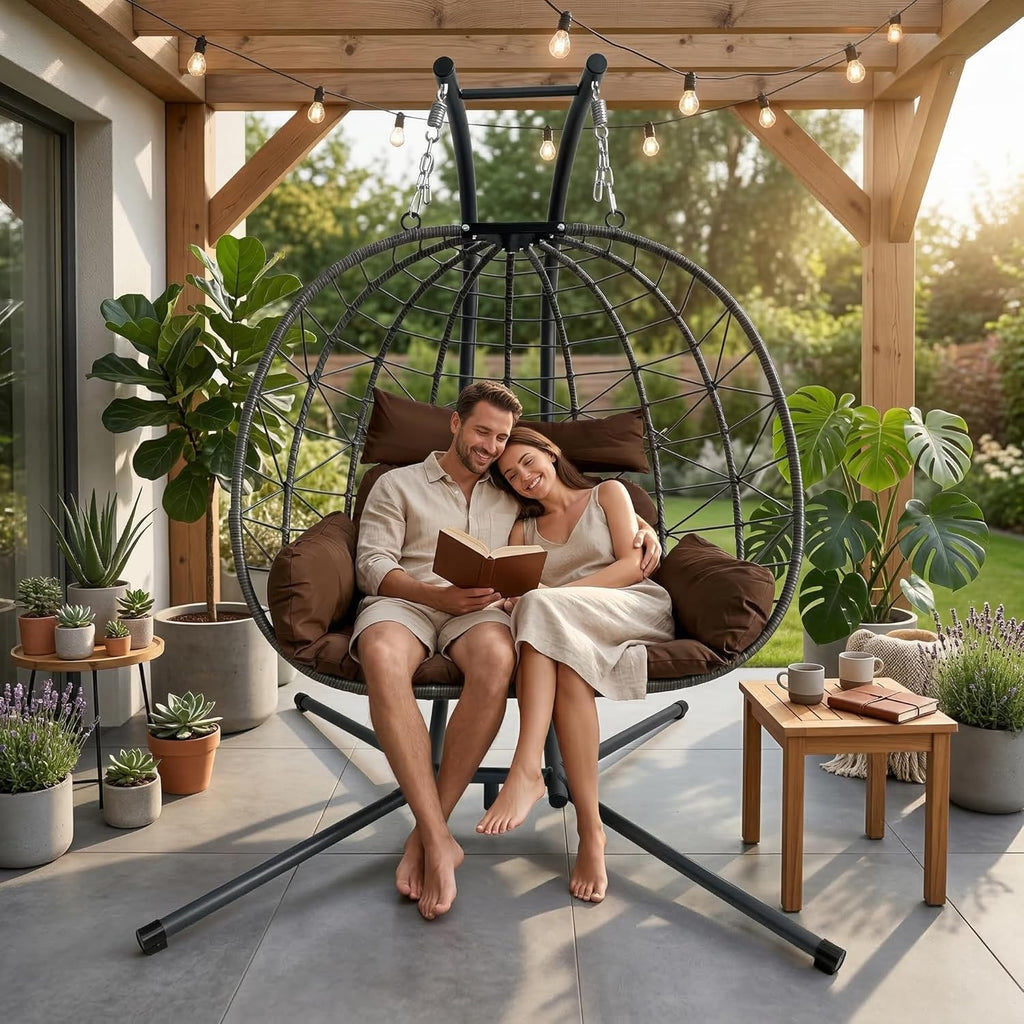 Double Hanging Egg Chair with Stand, 2 Person Oversized Patio Hammock Swing Chair with Plush Cushion and Headrest, Heavy Duty Wicker Loveseat for Indoor, Outdoor, Bedroom, Balcony, Garden (Brown)