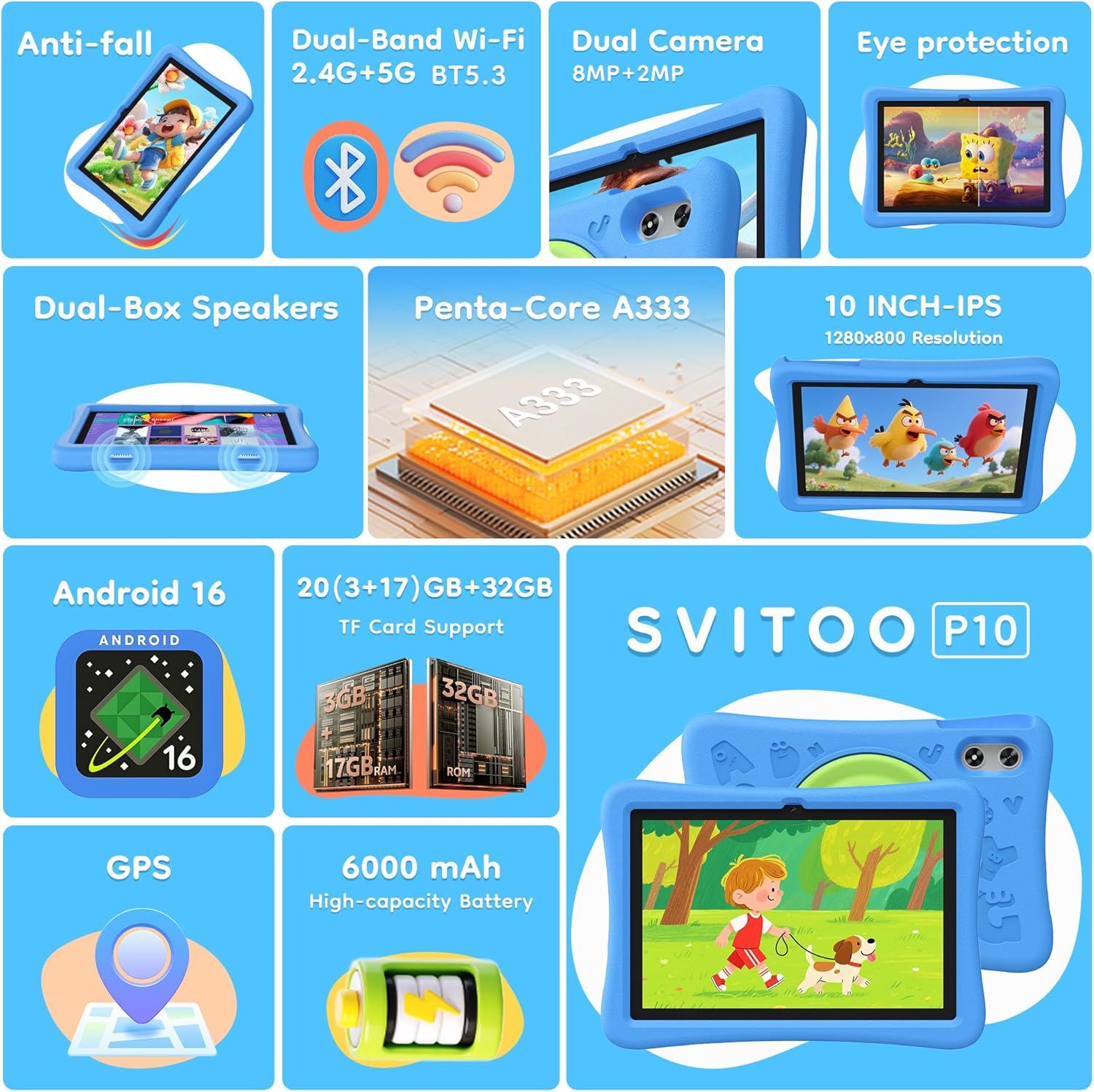SVITOO Kids Tablet 10 Inch, Android Tablets Toddler Tablet with Parental Controls, 20GB Ram 32GB ROM 1TB Expandable, Dual Camera, 6000mah WiFi 6, Shockproof Eva Case Blue