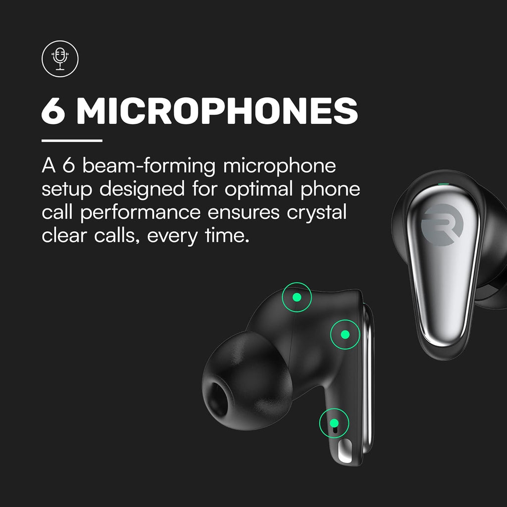 Raycon Pro Earbuds Wireless Bluetooth + 6 Microphones with Hybrid Active Noise Canceling  Sweat & Water-Resistant Earphones  Premium Wireless Ear Buds Bluetooth 40 Hours Playtime (Black)