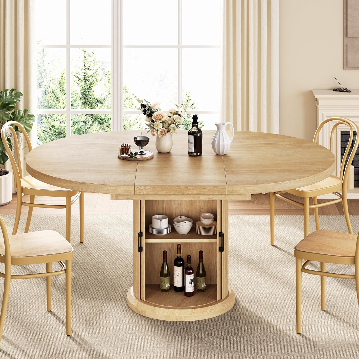 47″–63″ Extendable Round Dining Table for 4–8 with Dust-Proof 2-Tier Storage Shelf Space-Saving Expandable Dining Room Table Wood Oval Circle Dining Table with Pedestal Base (Natural)