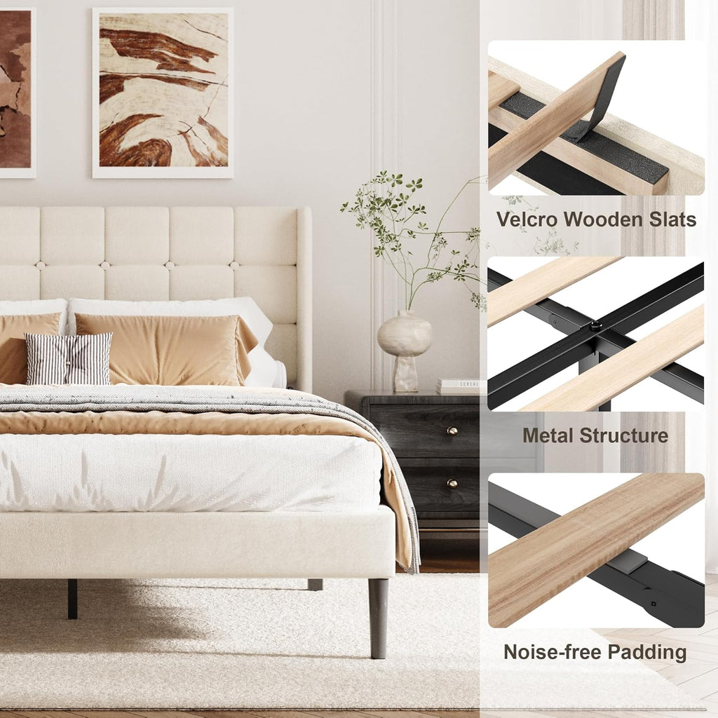 Queen Size Bed Frame with Wingback Headboard, Velvet Upholstered Platform Bed Frame with Button Tufted Headboard, Wooden Slats Support, No Box Spring Needed, Noise Free, Easy Assembly, Beige