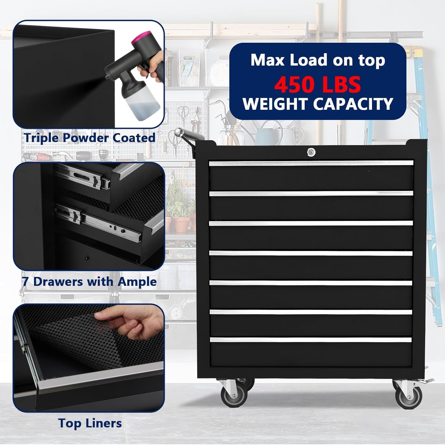 24-inch 7-Drawer Rolling Tool Chest with Lock System, Portable Tool Box with Wheels, Secure Storage Cabinet for Warehouse, Workshop, and Repair Shop, Black