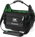 SK 15-Inch Open Top Tool Bag, Heavy Duty Tool Tote with 28 Pockets, Tool Bag Organizer with Padded Shoulder Strap and Ergonomic Handle, 1680D Fabric with Waterproof Hard Base