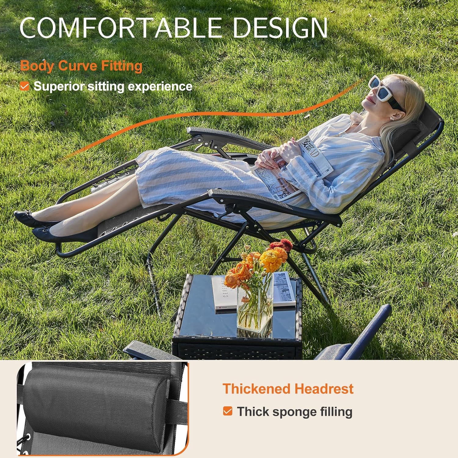 Sweetcrispy Zero Gravity Chairs, Set of 4 Portable Recliner Beach Camping Patio Outdoor Folding Lounge Chair with Cup Holder Trays and Adjustable Pillow for Poolside, Garden, Backyard, Lawn (Black)
