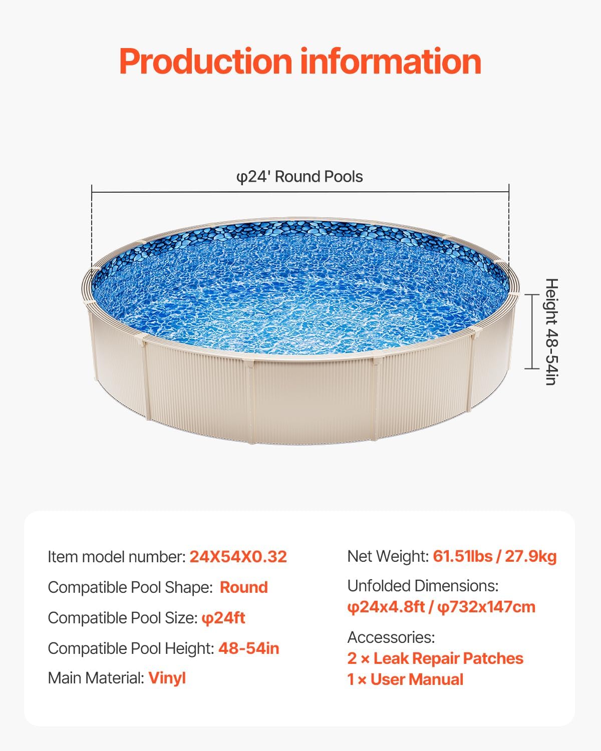VEVOR 24-ft Round Above Ground Pool Liner  Overlap Pool Liners  Standard Gauge Vinyl  48-to-54inch Wall Height  Designed for Steel Sided Above-Ground Swimming Pools