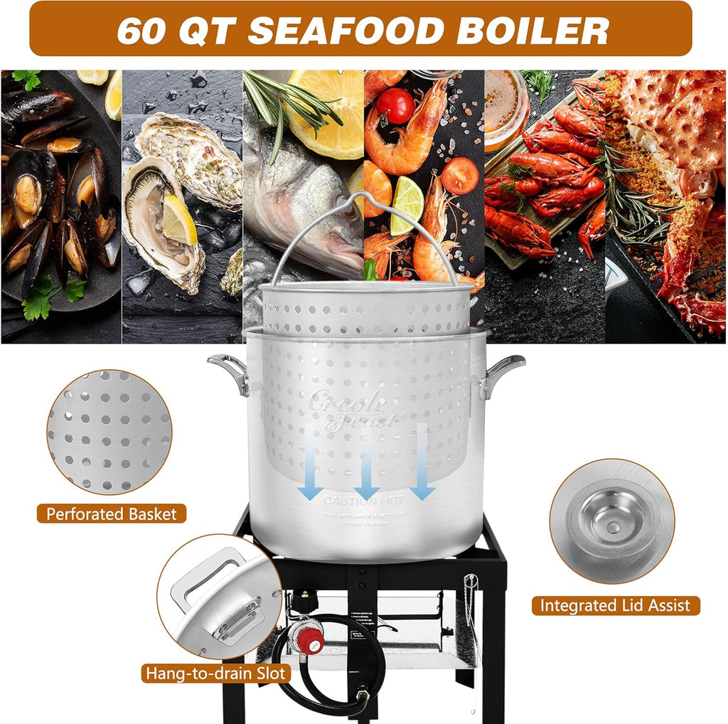 Creole Feast SBK0601 60 Qt. Seafood Boil Pot with Basket and Burner, Outdoor Aluminum Propane Boiler with 10 PSI Regulator, 100,000 BTU, Ideal for Cooking Crawfish, Crab, Shrimp, Fish