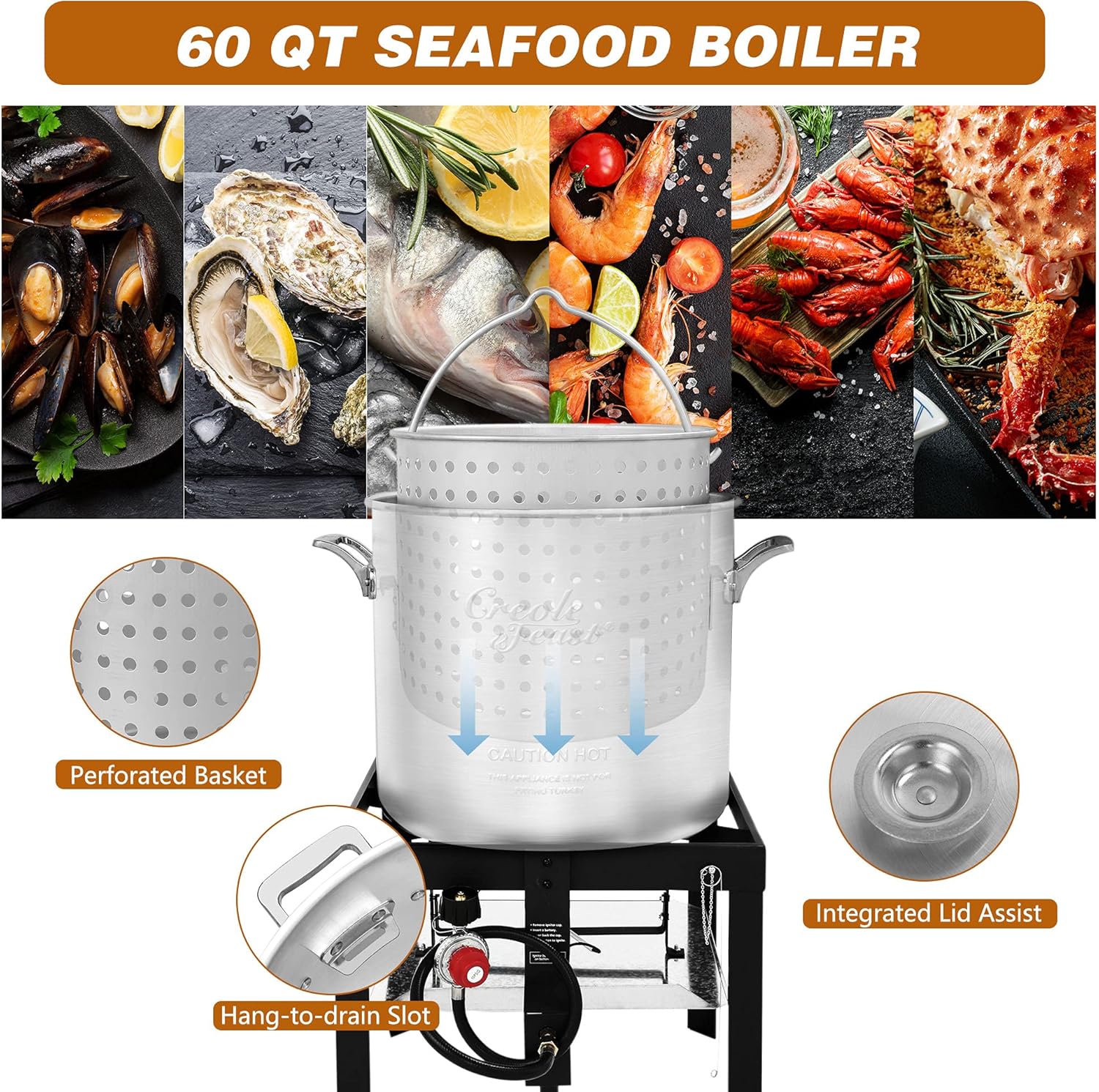 Creole Feast SBK0601 60 Qt. Seafood Boil Pot with Basket and Burner, Outdoor Aluminum Propane Boiler with 10 PSI Regulator, 100,000 BTU, Ideal for Cooking Crawfish, Crab, Shrimp, Fish