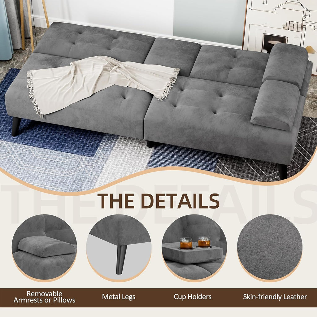 Shintenchi Futon Sofa Bed, Velvet Foldable Couch, Reclining Sleeper with Removable Armrests, Upholstered Loveseat Sofa Couch with Folding Cup Holders for Home, Office, Dark Grey