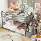 KOMFOTT Wood Twin Over Twin Low Bunk Bed with Storage Staircase, Wooden Bunk Bed Frame with Full-Length Guardrails, Low Profile Kids Bed with Slats Support, No Box Spring Needed (Grey)