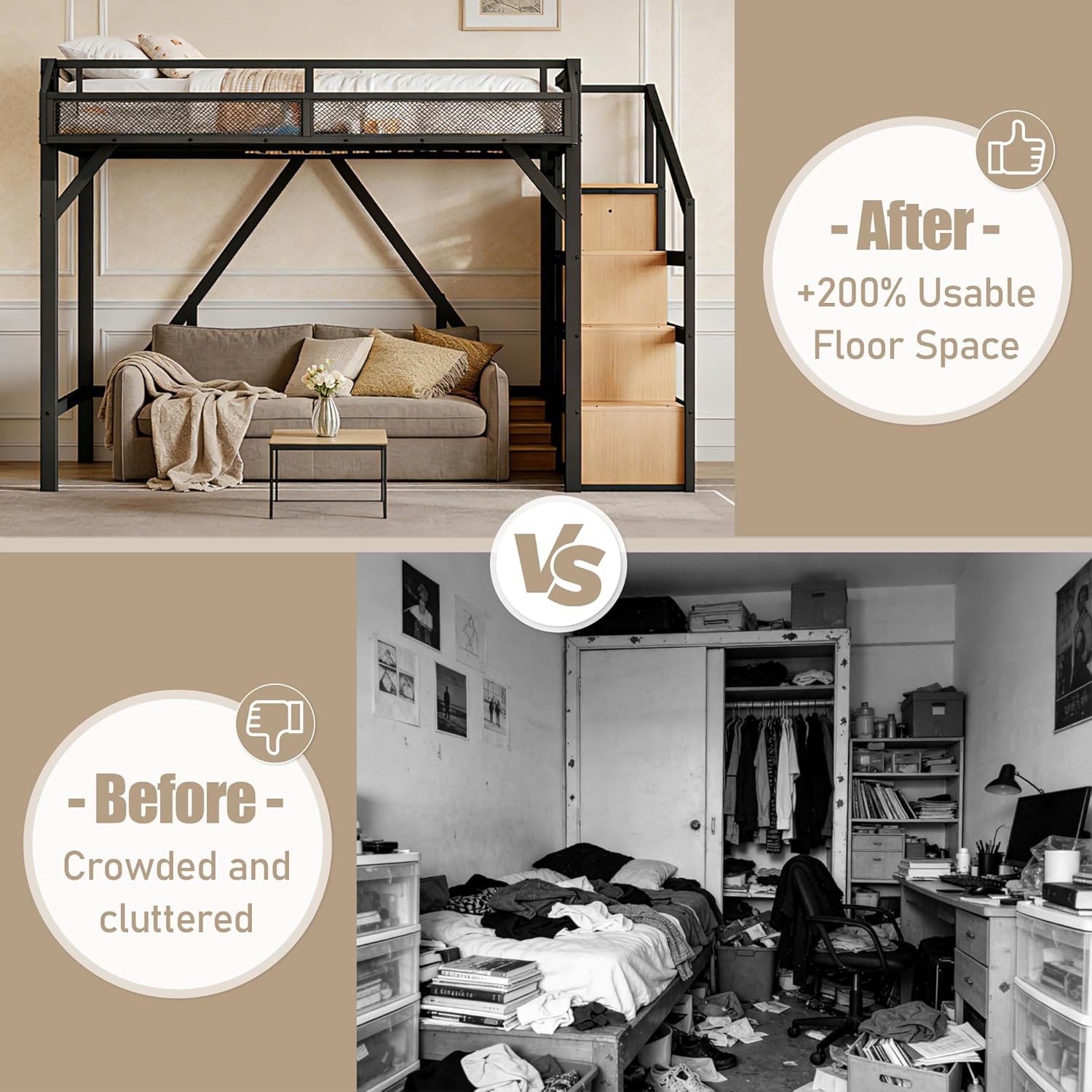 Bellemave Loft Bed Full Size with Storage Stairs, Beside Shelf & Wardrobe, Metal Full Size Loft Bed with USB Ports & LED Light, Large Under-Bed Space Loft Beds for Adults, Teens, Kids, Black Natural