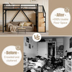 Bellemave Queen Loft Bed Frame with Storage Stairs, Beside Shelf & Wardrobe, Metal Queen Size Loft Bed with USB Ports&LED Light, Large Under-Bed Space Loft Beds for Adults,Teens, Kids, Black Natural