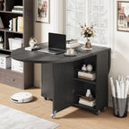 Jocoevol Round Folding Dining Table for 6, Space Saving Drop Leaf Kitchen Table with Storage Drawer, 6 Wheels Oval Gateleg Foldable Dining Table for Small Spaces (Black, 51" x 31.5" x 30")