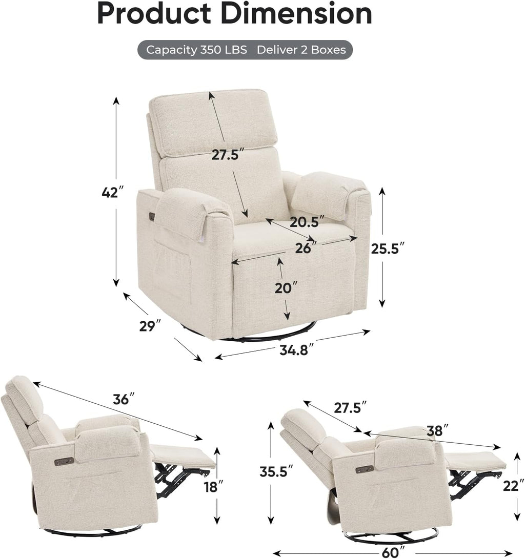 Oversized Power Recliner Chair, 26" Extra Wide Swivel Rocker Recliner with Adjustable Headrest, Chenille Glider Rocking Nursery Chair with Overstuffed Armrest, USB Ports, White