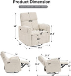 Oversized Power Recliner Chair, 26" Extra Wide Swivel Rocker Recliner with Adjustable Headrest, Chenille Glider Rocking Nursery Chair with Overstuffed Armrest, USB Ports, White