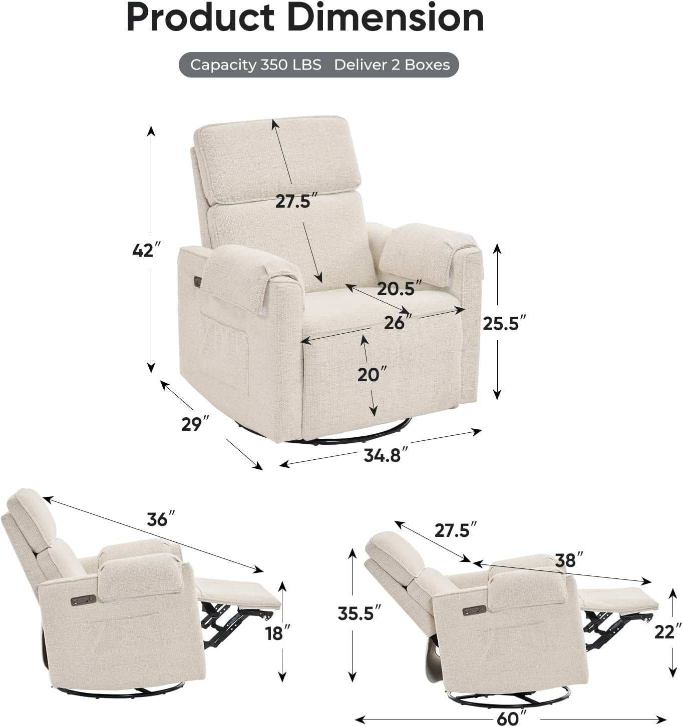 Oversized Power Recliner Chair, 26" Extra Wide Swivel Rocker Recliner with Adjustable Headrest, Chenille Glider Rocking Nursery Chair with Overstuffed Armrest, USB Ports, White
