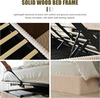YUHUASHI Queen Size Storage Bed Frame, Vertical Striped headboard with Delicate Velvet Fabric, Hydraulic Lift for Storage, no Box Spring Needed, no Noise (Beige, Queen (U.S. Standard))