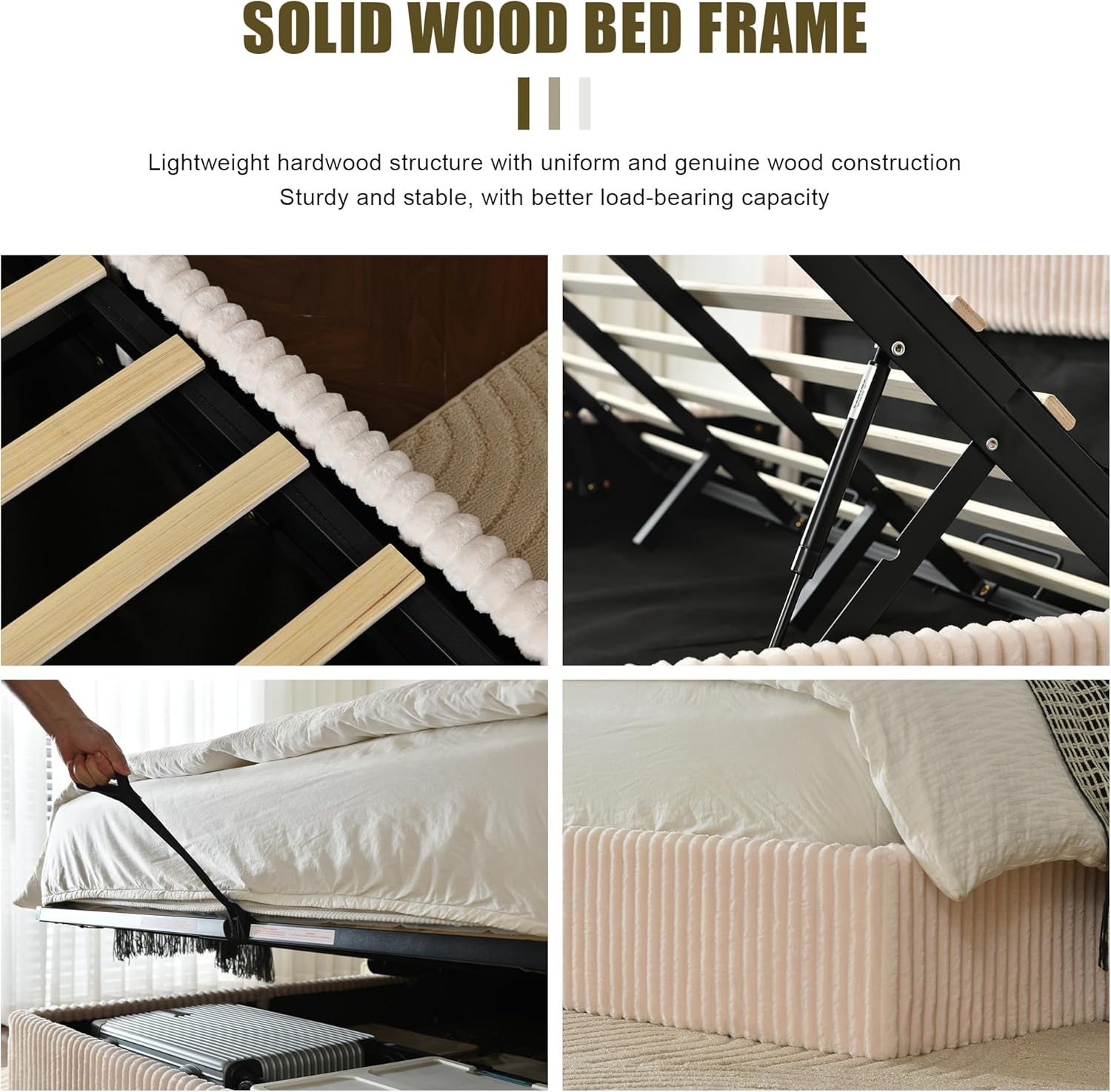 YUHUASHI Queen Size Storage Bed Frame, Vertical Striped headboard with Delicate Velvet Fabric, Hydraulic Lift for Storage, no Box Spring Needed, no Noise (Beige, Queen (U.S. Standard))
