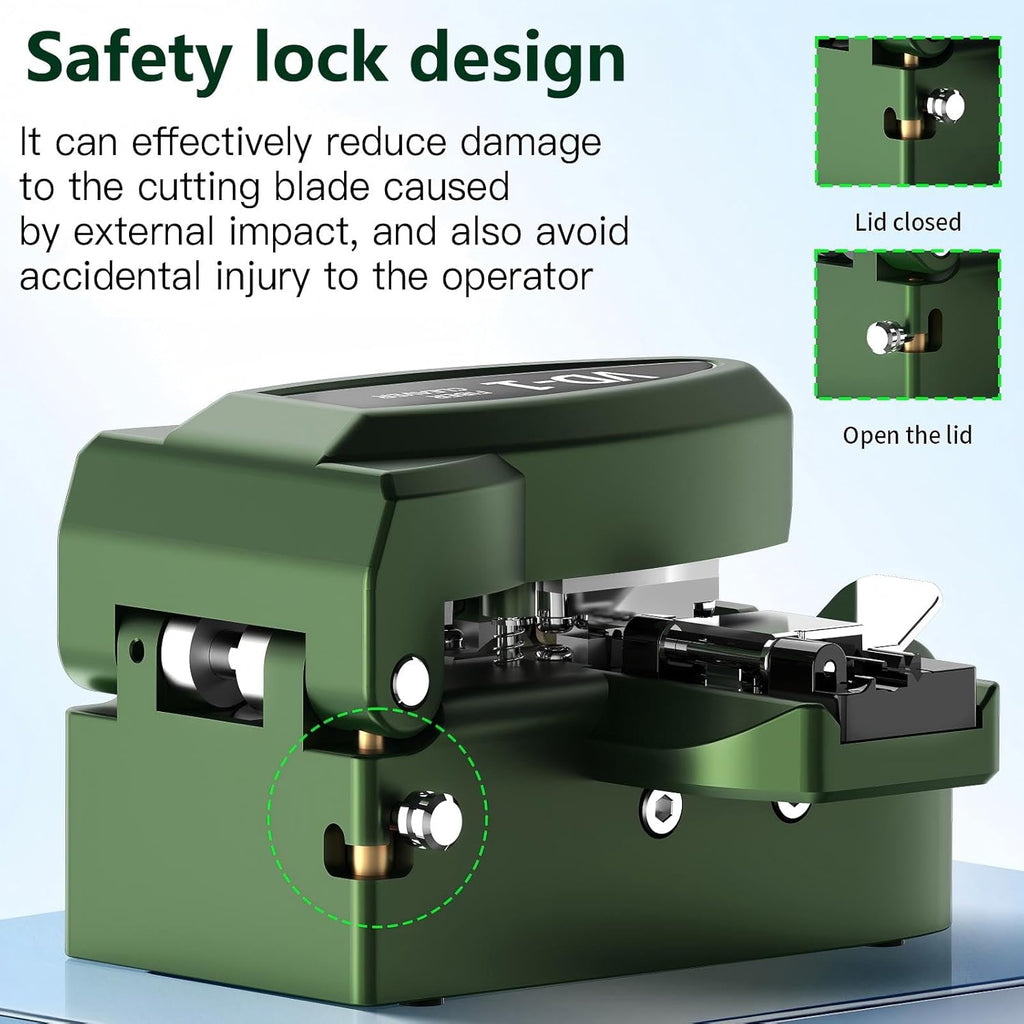 One-Step Fiber optic Cleaver VD-1 automatic Optical Fiber Cutter tool with 3-in-1 Clamp, 28-Position Blade, Detachable waste fiber box for Splicing & Cold Connection, FTTH Telecom & CATV Installation