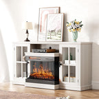 YESHOMY Glass Fireplace TV Stand for TVs up to 65 Inch, Media Entertainment Center with Storage, White Wash