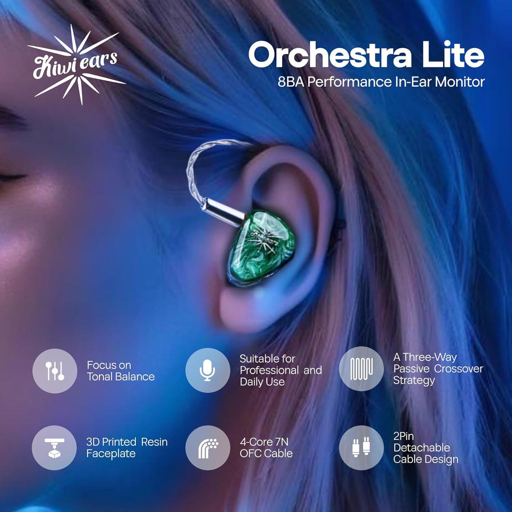 Linsoul Kiwi Ears Orchestra Lite Performance Custom 8BA in-Ear Monitor IEM with Detachable 4-core 7N Oxygen-Free Copper OFC Cable  Handcrafts Faceplate for Audiophile Studio Musician (Green)