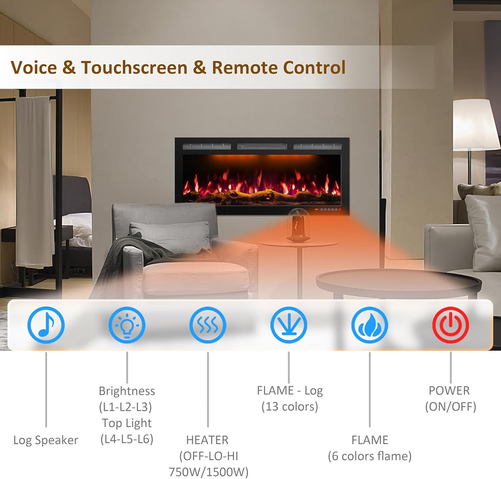 72 Inch WiFi Electric Fireplace Heater, Recessed or Wall Mounted, Ultra‑Slim 5.51" Deep, 750/1500W, 12 Flame Colors & 12 Ember Bed Colors,Remote & App Control, Works with Alexa & Google Home