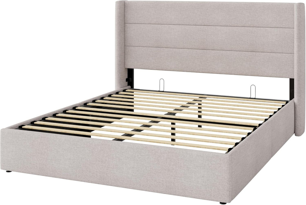 SHA CERLIN Queen Size Lift Up Storage Bed/Modern Wingback Headboard/Upholstered Platform Bed Frame/Hydraulic Storage/No Box Spring Needed/Wood Slats Support/Light Beige