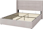 SHA CERLIN Queen Size Lift Up Storage Bed/Modern Wingback Headboard/Upholstered Platform Bed Frame/Hydraulic Storage/No Box Spring Needed/Wood Slats Support/Light Beige