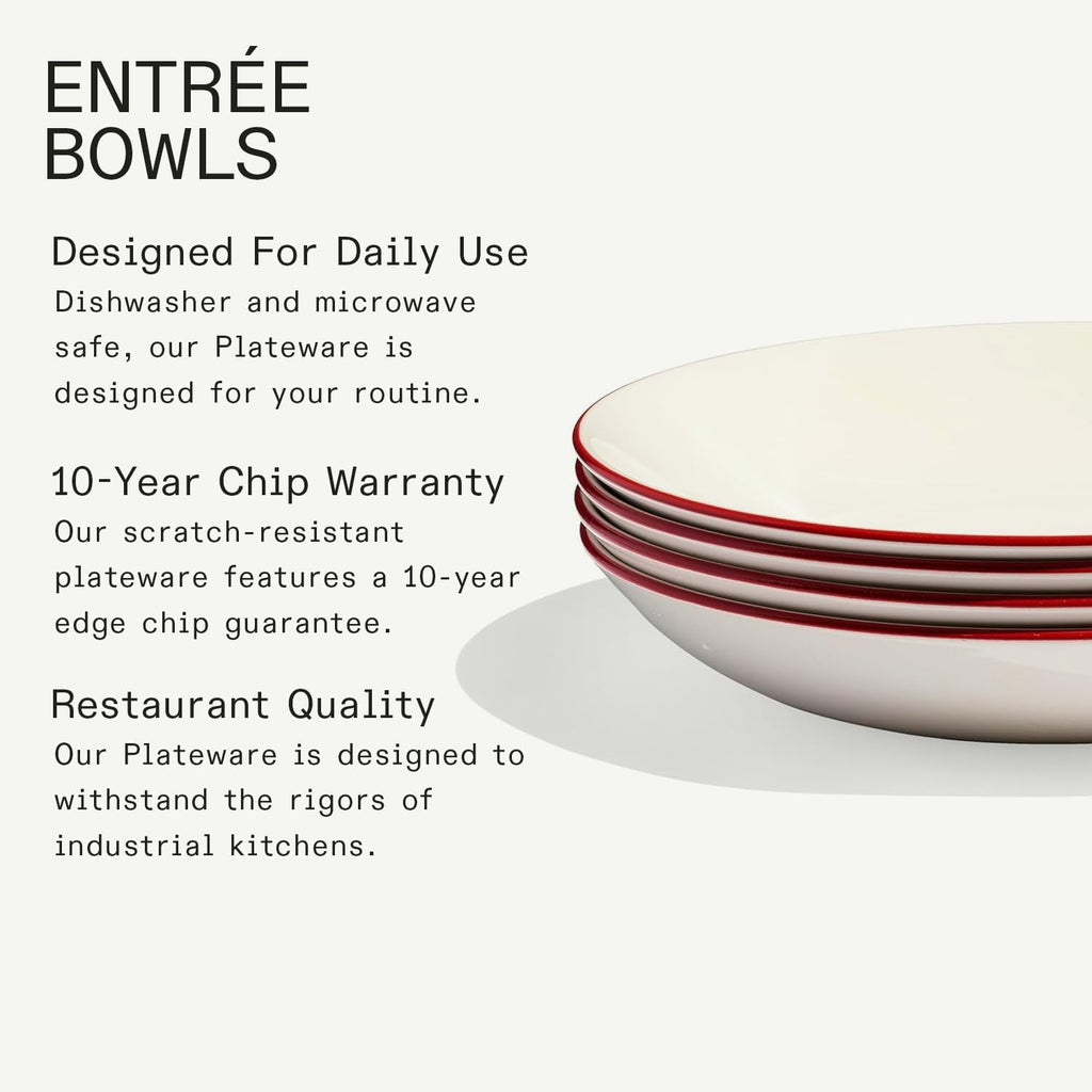 Made In Cookware - Set of 4 - Entrée Bowls - White With Red Rim - Porcelain - Crafted in England