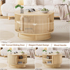 31.5" Round Fluted Coffee Table with Hidden Storage, Modern Wood Coffee Table with Flip-Up Hinged Tabletop, Divided Compartments and Rotating Base for Living Room & Apartment (Natural Wood)