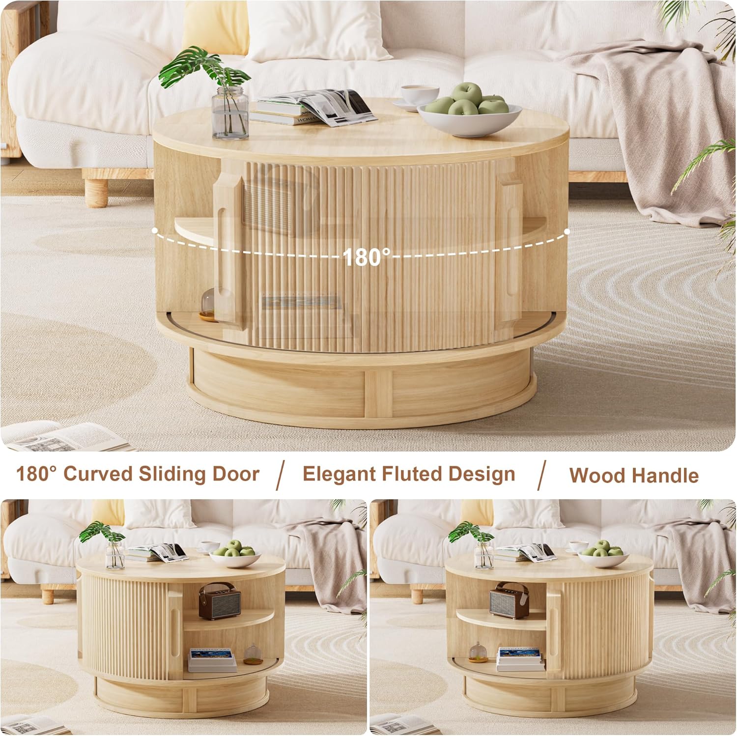 31.5" Round Fluted Coffee Table with Hidden Storage, Modern Wood Coffee Table with Flip-Up Hinged Tabletop, Divided Compartments and Rotating Base for Living Room & Apartment (Natural Wood)