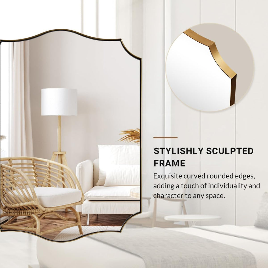 ANDY STAR 30"x40" Brushed Gold Bathroom Mirror, Large Rectangle Scalloped Mirror, Antique Brass Mirror in Rust-Proof Stainless Steel 1" Frame, Unique Wavy Design, Ideal for Home Remodel