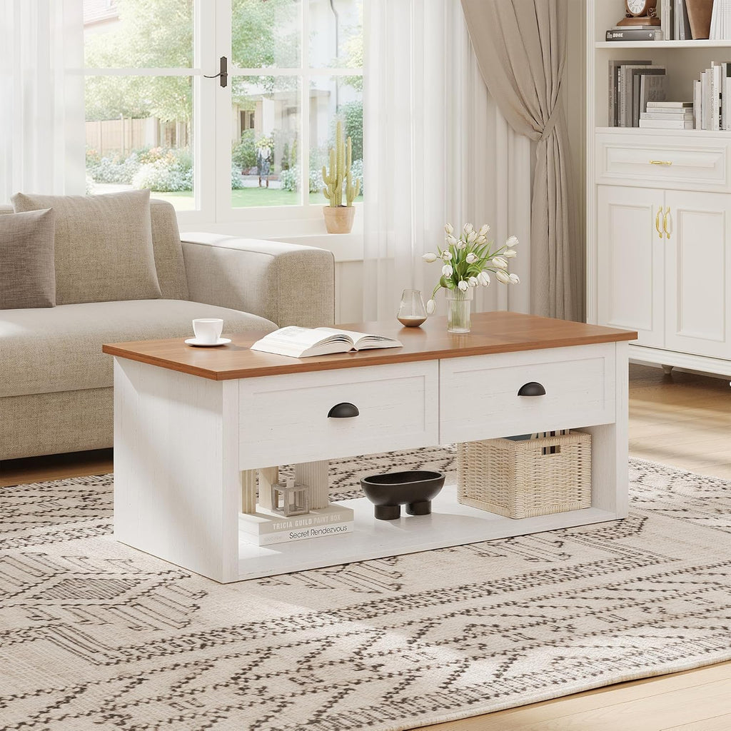Farmhouse Coffee Table with Storage,62.6" Wide Rustic Center Table with Hidden Storage Compartment, Wood Dining Table for Living Room,Office,Antique White