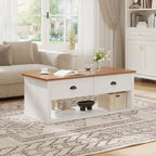 Farmhouse Coffee Table with Storage,62.6" Wide Rustic Center Table with Hidden Storage Compartment, Wood Dining Table for Living Room,Office,Antique White
