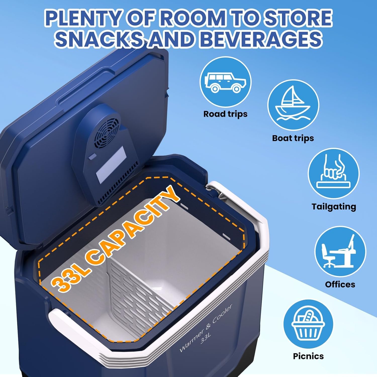 TrailBlaze Portable Electric Car Refrigerator & Warmer - 35 Quart (33L) Capacity, Automatic Locking Handle, Dual Power 12V/110V - For Vehicle, Camping, Travel