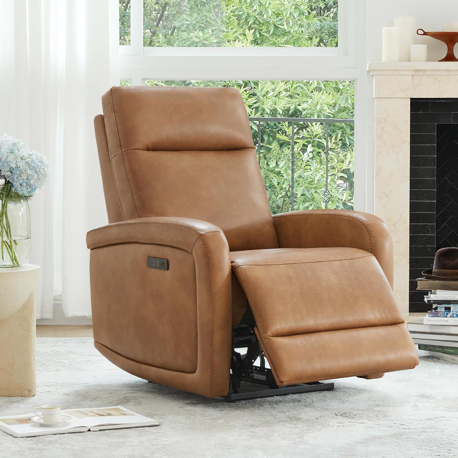 Watson & Whitely Zero Wall Recliners W Power Headrest, Power Recliner Chairs for Adults, Small Home Theater Seating Type-C Charger for Living Room & RV, Faux Leather Cognac Brown
