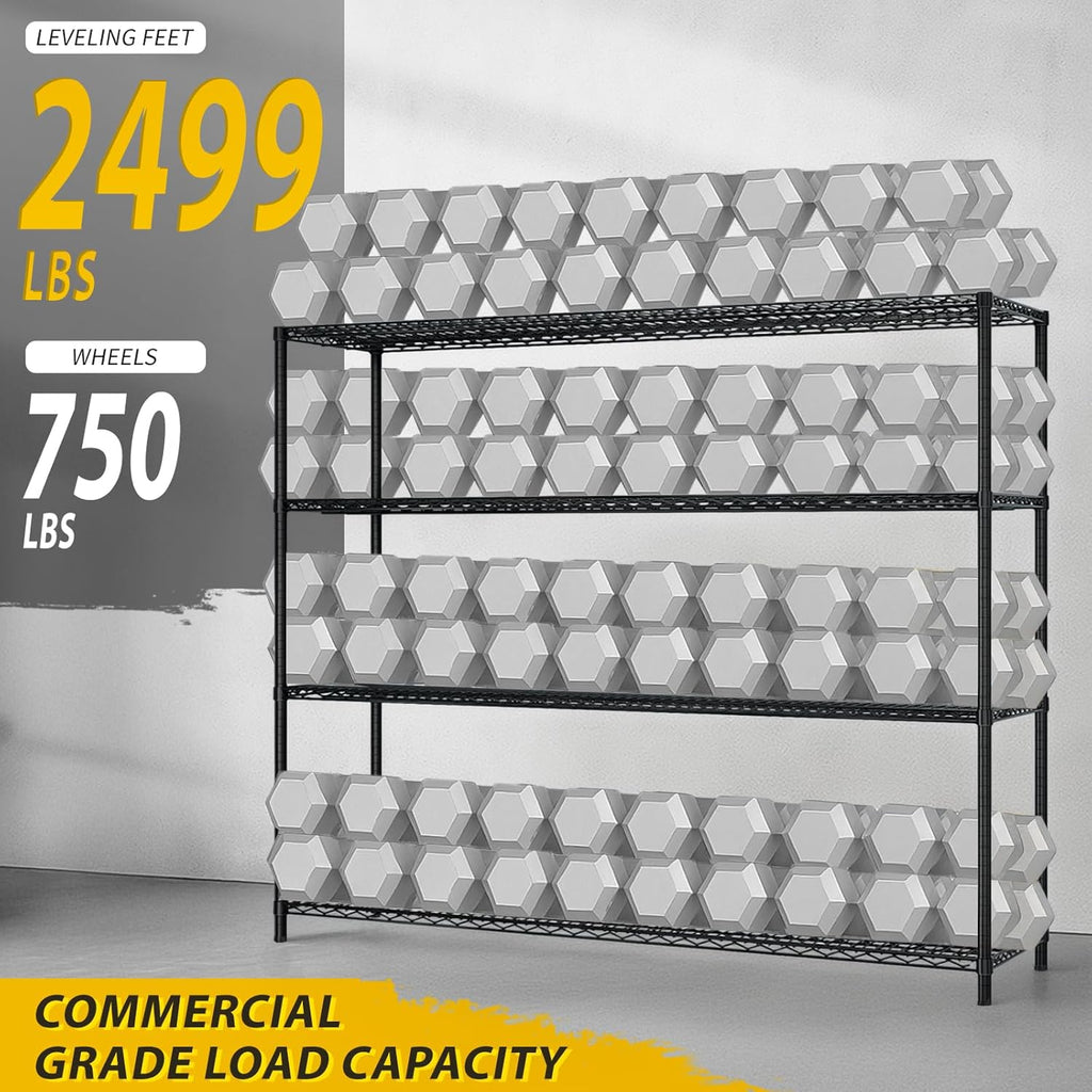 VINGLI 4 Tier Metal Storage Shelves 65''H Wire Shelving with Wheels for Storage Adjustable Heavy Duty Garage Shelving Storage Racks for Pantry Shelves Kitchen Office Garage, 65''H X63''W X23''D